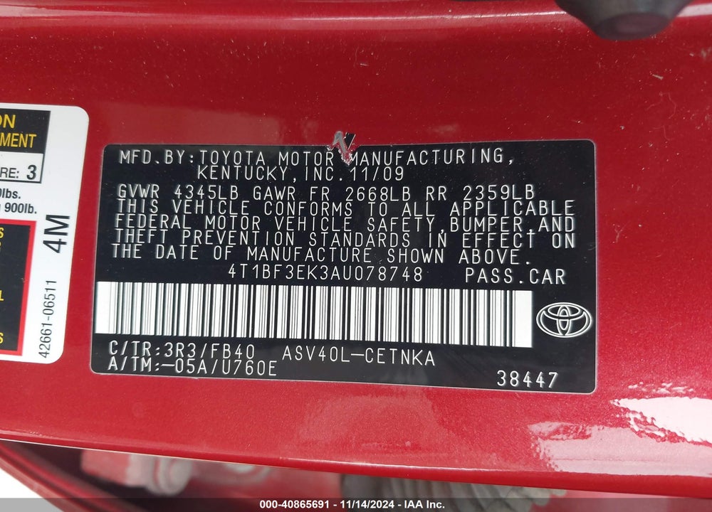 2010 TOYOTA CAMRY LE VIN: 4T1BF3EK3AU078748