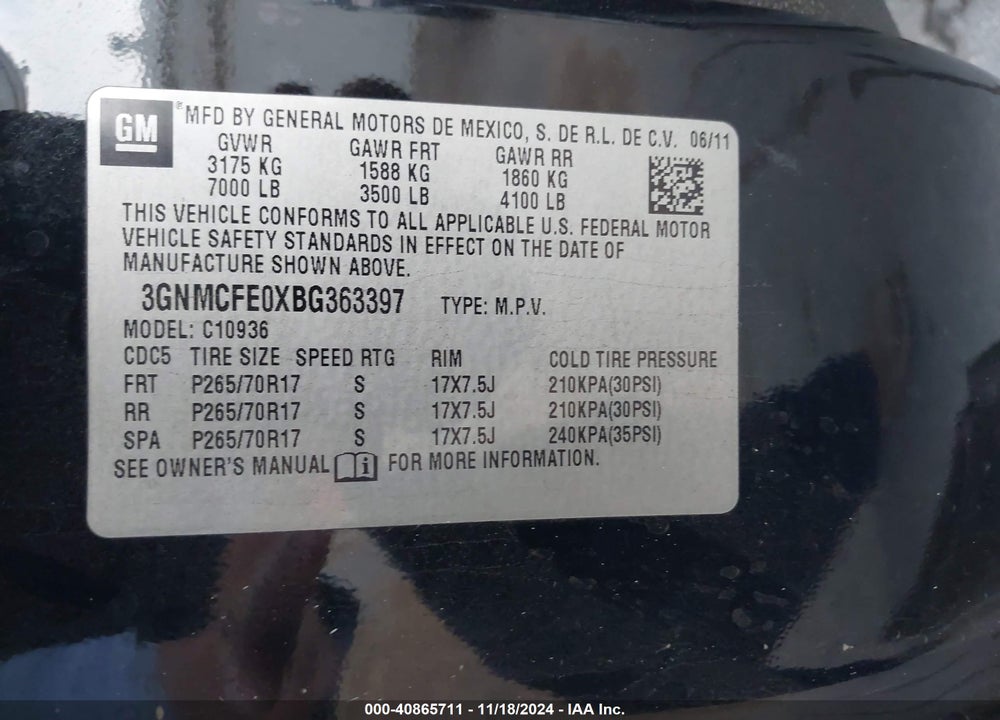 2011 CHEVROLET AVALANCHE 1500 LT1 VIN: 3GNMCFE0XBG363397