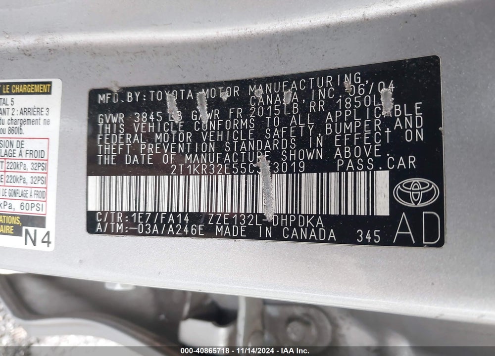 2005 TOYOTA MATRIX VIN: 2T1KR32E55C343019