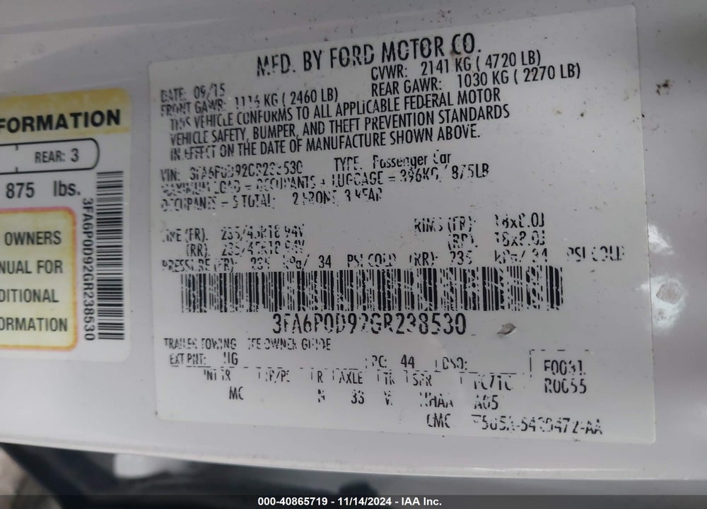 2016 FORD FUSION TITANIUM VIN: 3FA6P0D92GR238530