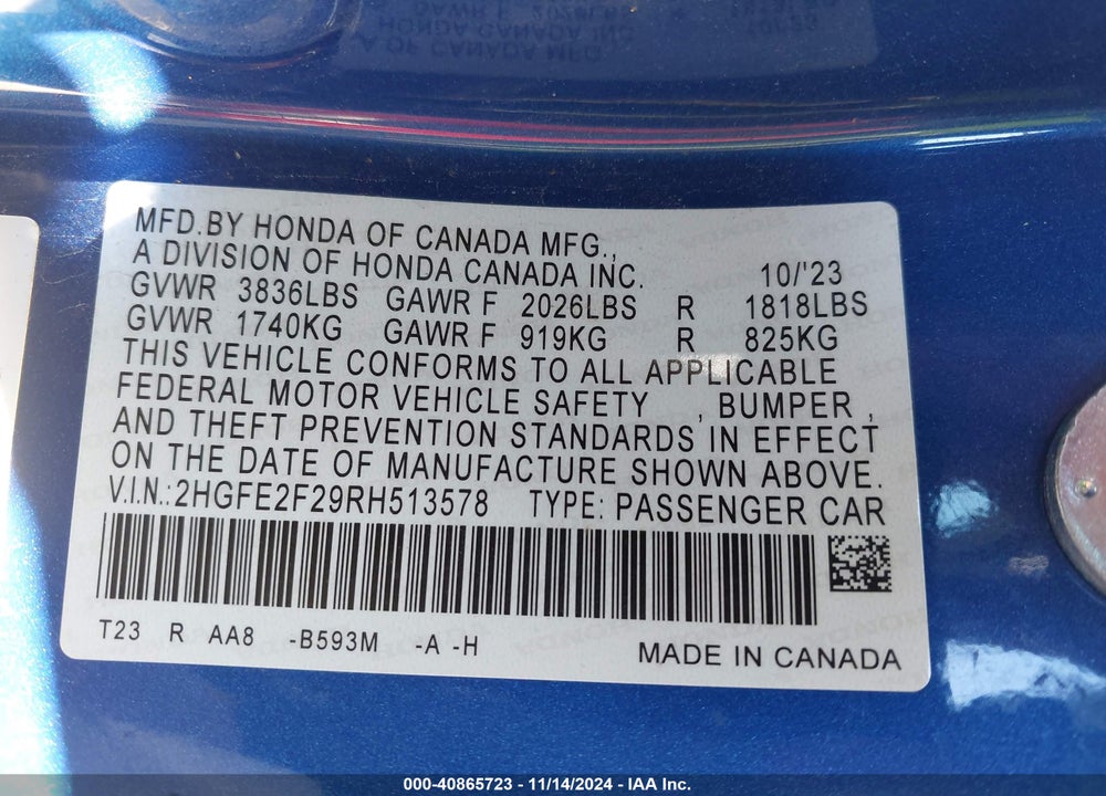 2024 HONDA CIVIC LX VIN: 2HGFE2F29RH513578