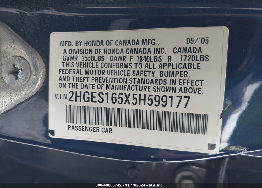 2005 HONDA CIVIC LX VIN: 2HGES165X5H599177