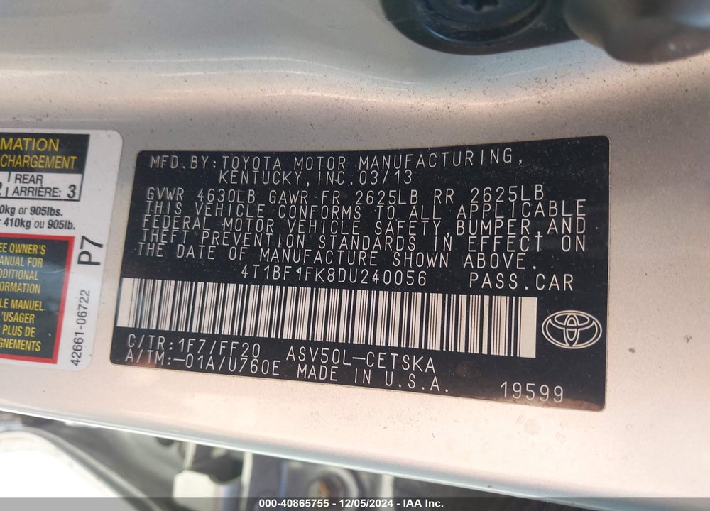 2013 TOYOTA CAMRY VIN: 4T1BF1FK8DU240056