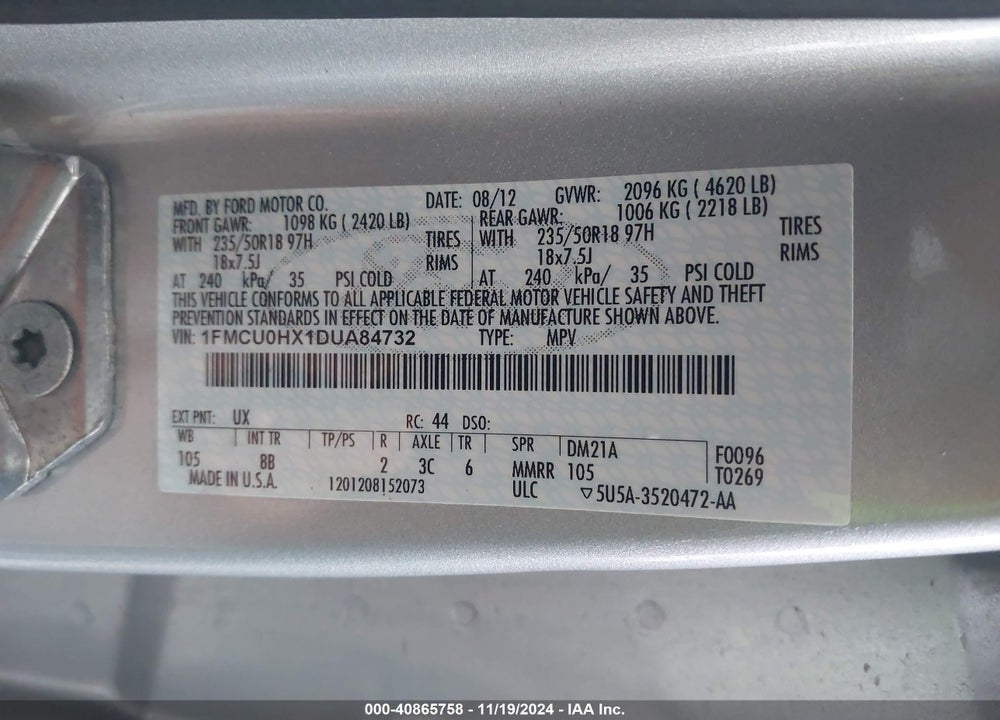 2013 FORD ESCAPE SEL VIN: 1FMCU0HX1DUA84732