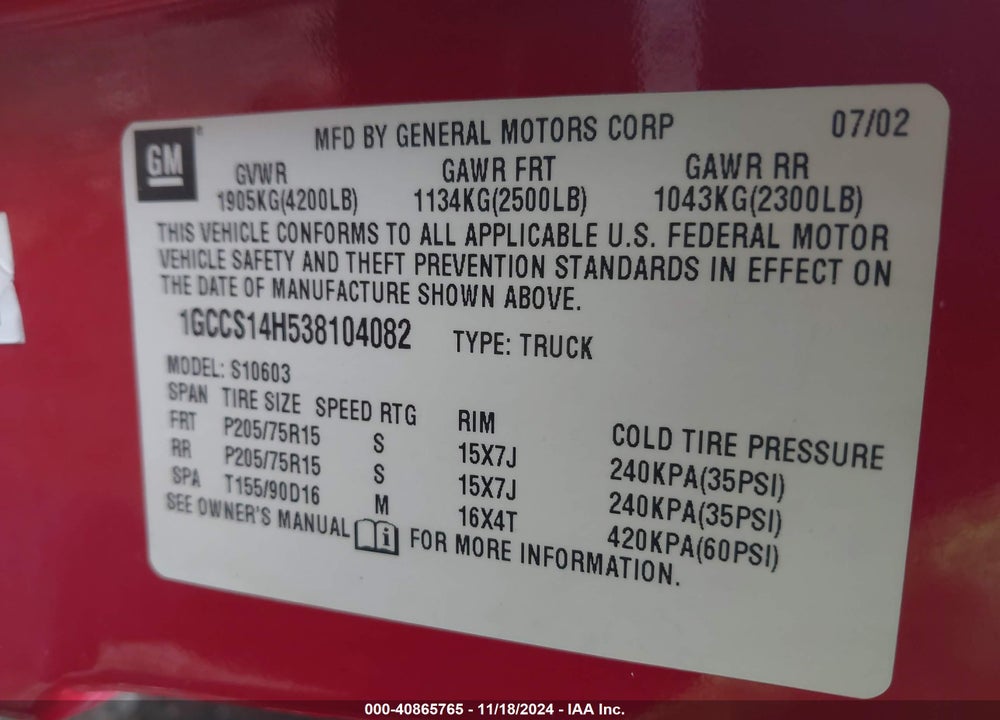 2003 CHEVROLET S-10 LS VIN: 1GCCS14H538104082