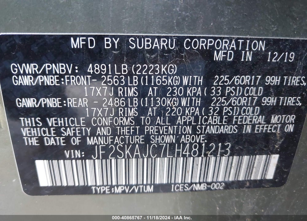 2020 SUBARU FORESTER PREMIUM VIN: JF2SKAJC7LH481213