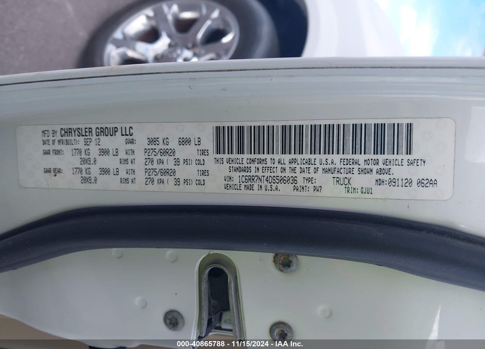 2013 RAM 1500 LAIE VIN: 1C6RR7NT4DS506036