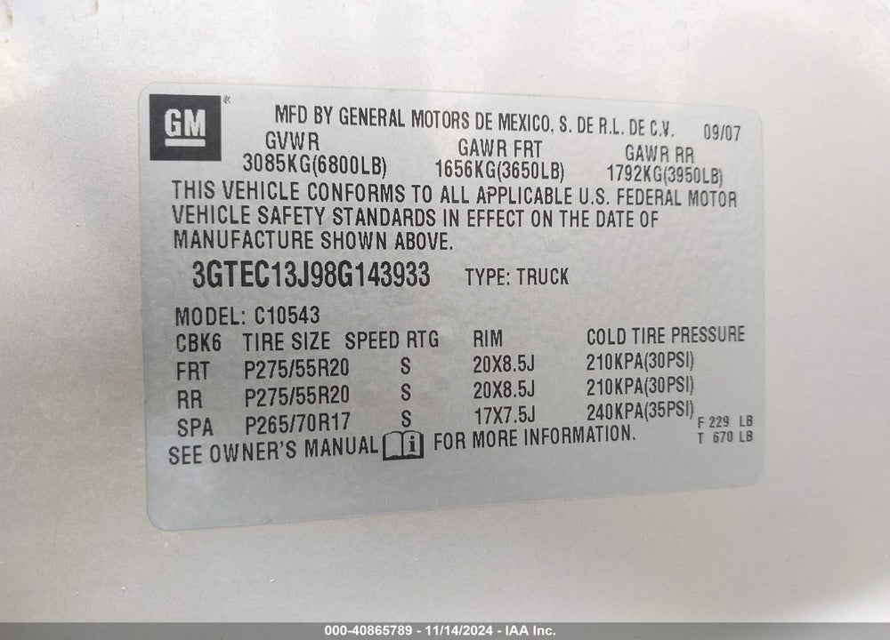 2008 GMC SIERRA 1500 SLE2 VIN: 3GTEC13J98G143933