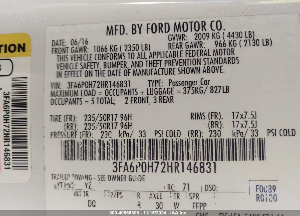 2017 FORD FUSION SE VIN: 3FA6P0H72HR146831