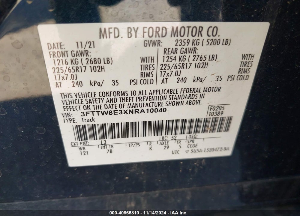 2022 FORD MAVERICK XLT VIN: 3FTTW8E3XNRA10040