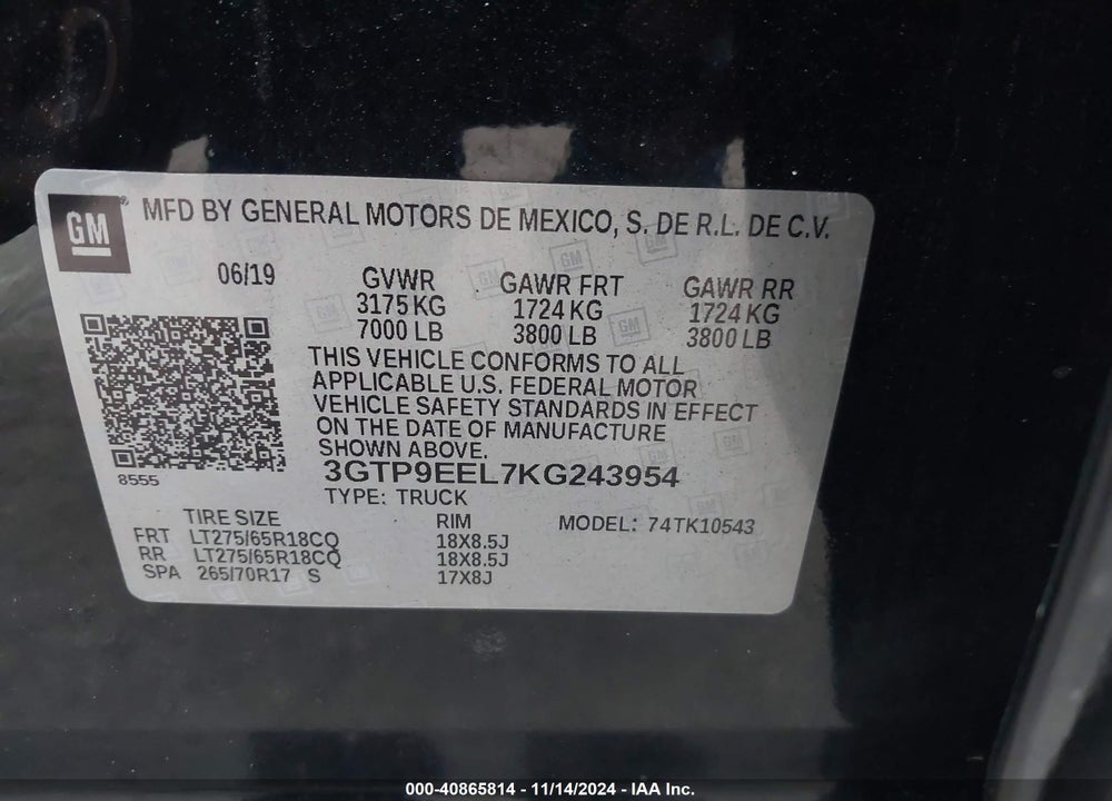 2019 GMC SIERRA 1500 VIN: 3GTP9EEL7KG243954