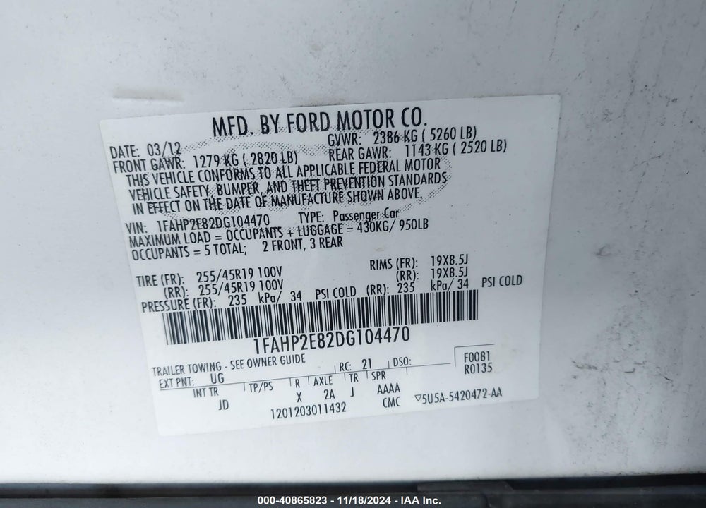 2013 FORD TAURUS SEL VIN: 1FAHP2E82DG104470