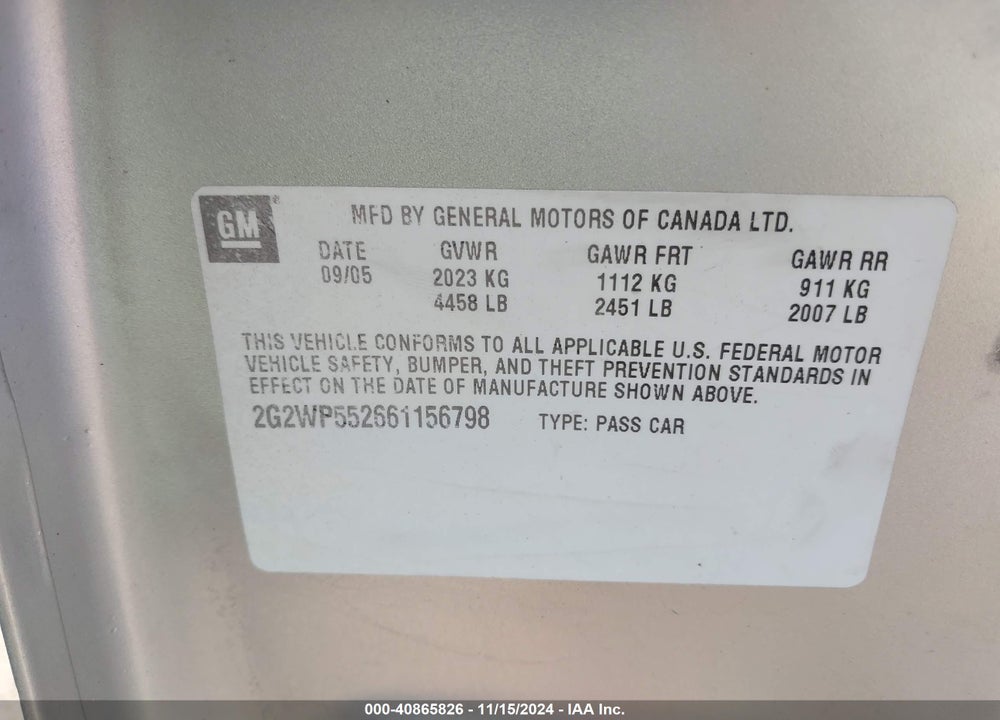 2006 PONTIAC GRAND PRIX VIN: 2G2WP552661156798