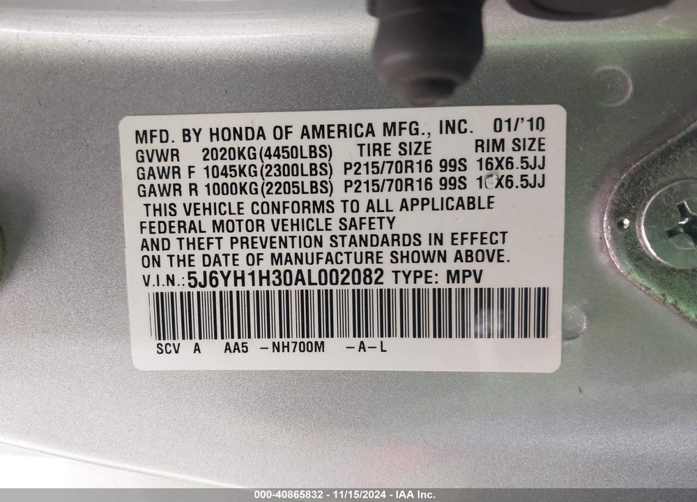 2010 HONDA ELEMENT LX VIN: 5J6YH1H30AL002082