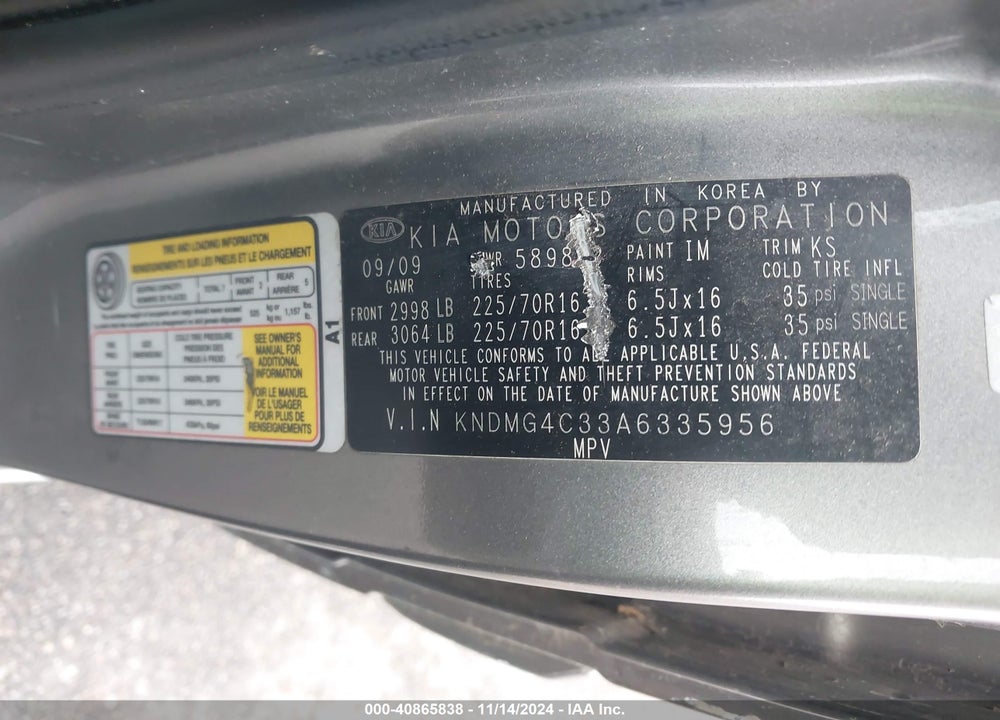 2010 KIA SEDONA LX VIN: KNDMG4C33A6335956
