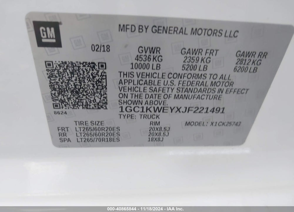 2018 CHEVROLET SILVERADO 2500HD LTZ VIN: 1GC1KWEYXJF221491