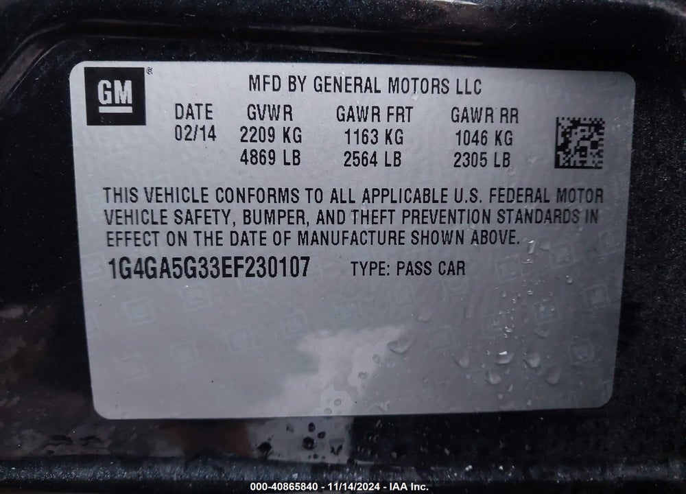2014 BUICK LACROSSE VIN: 1G4GA5G33EF230107