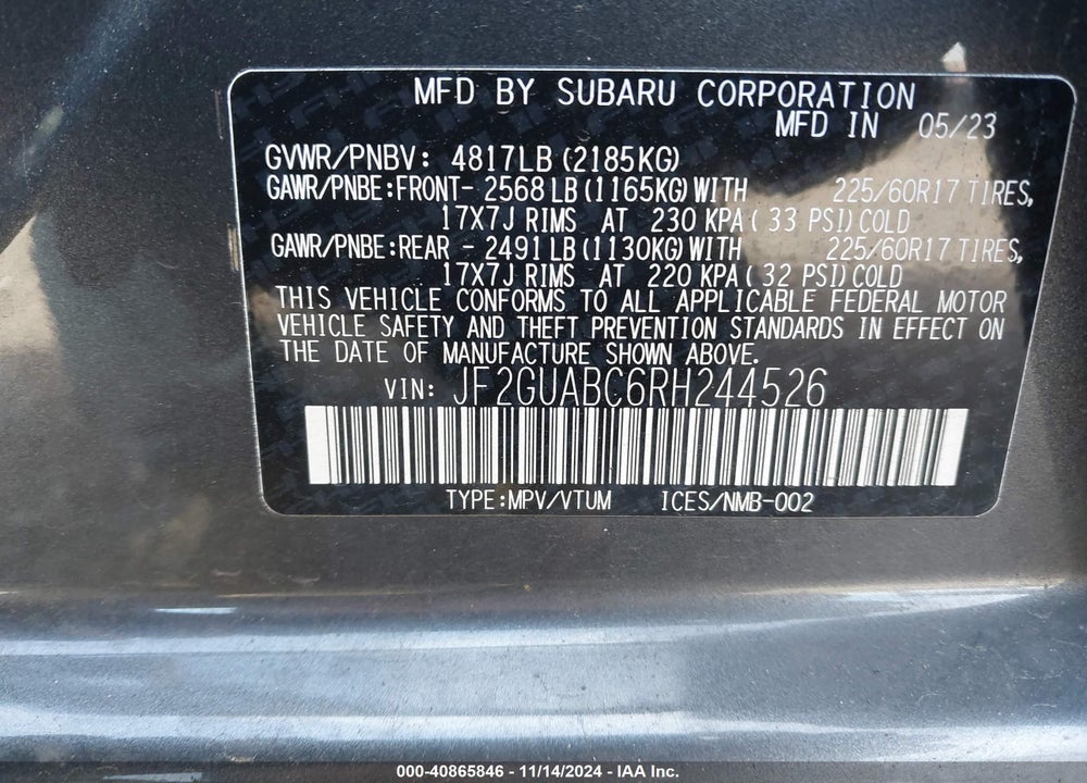 2024 SUBARU CROSSTREK VIN: JF2GUABC6RH244526