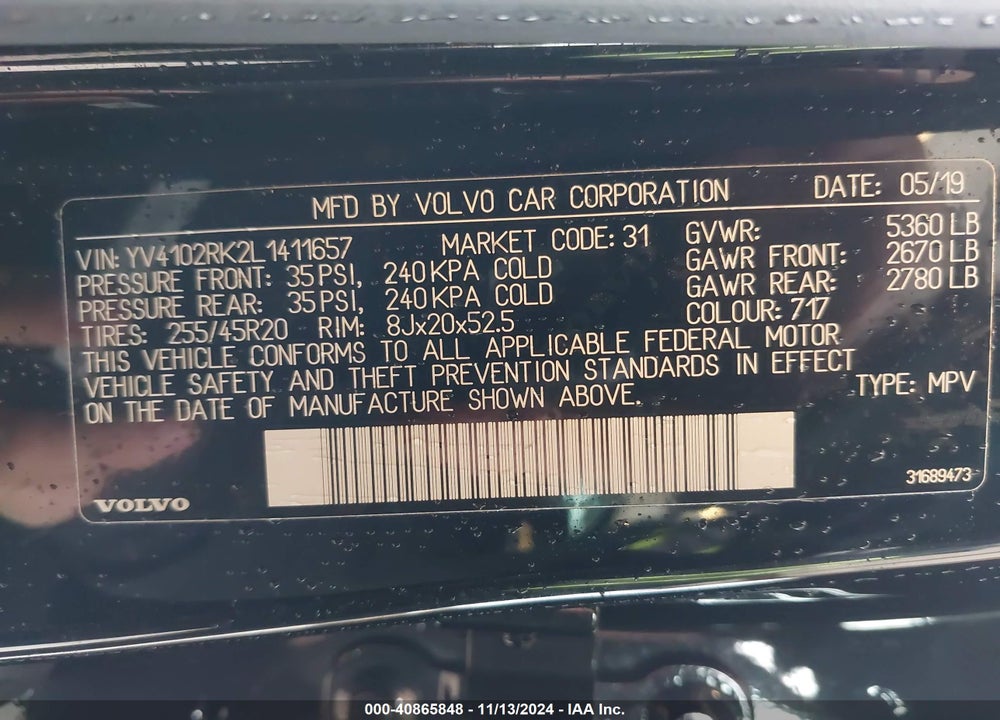 2020 VOLVO XC60 T5 MOMENTUM VIN: YV4102RK2L1411657