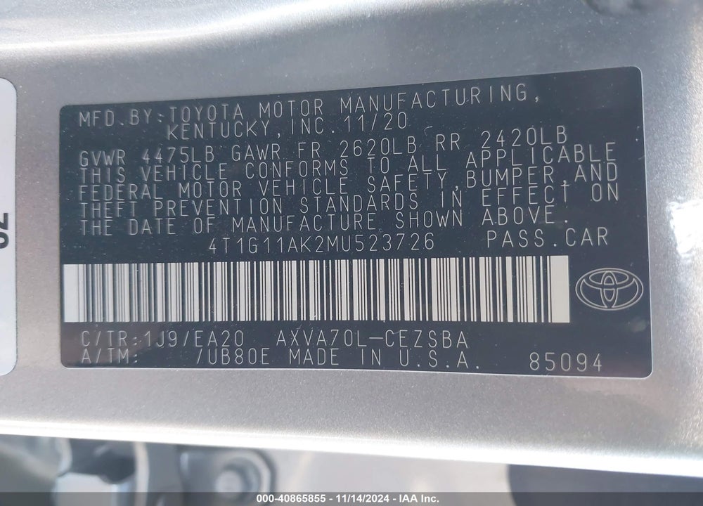2021 TOYOTA CAMRY SE VIN: 4T1G11AK2MU523726