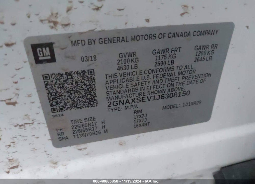 2018 CHEVROLET EQUINOX LT VIN: 2GNAXSEV1J6308150