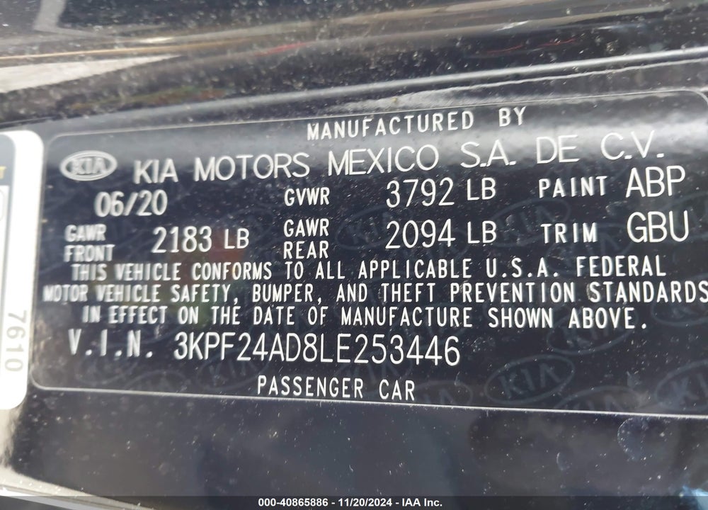 2020 KIA FORTE LXS VIN: 3KPF24AD8LE253446