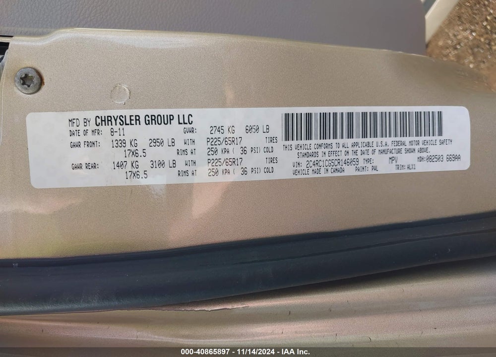 2012 CHRYSLER TOWN & COUNTRY TOURING-L VIN: 2C4RC1CG5CR146059