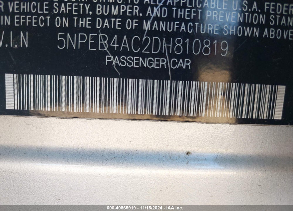 2013 HYUNDAI SONATA VIN: 5NPEB4AC2DH810819