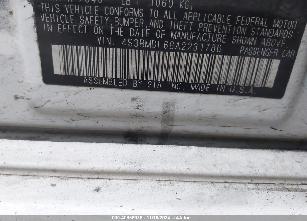 2010 SUBARU LEGACY 3.6R LIMITED VIN: 4S3BMDL68A2231786