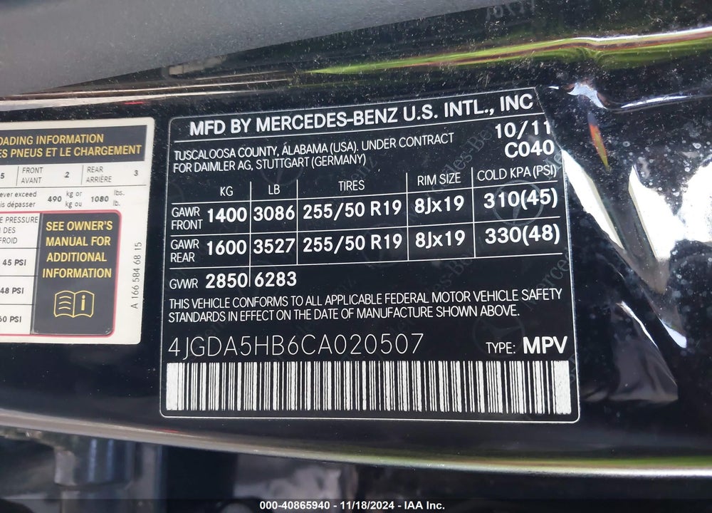 2012 MERCEDES-BENZ ML 350 4MATIC VIN: 4JGDA5HB6CA020507