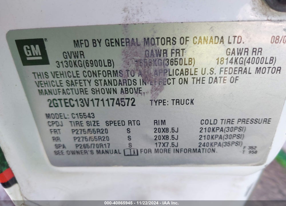 2007 GMC SIERRA 1500 CLASSIC SL VIN: 2GTEC13V171174572