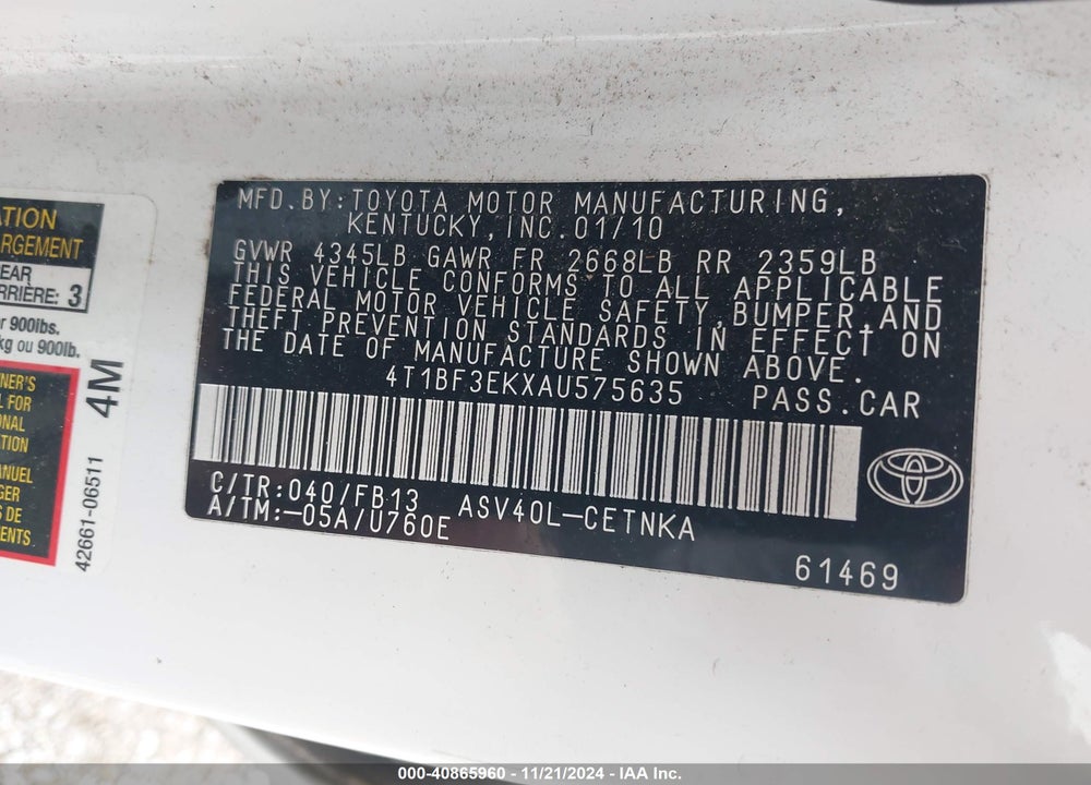 2010 TOYOTA CAMRY VIN: 4T1BF3EKXAU575635