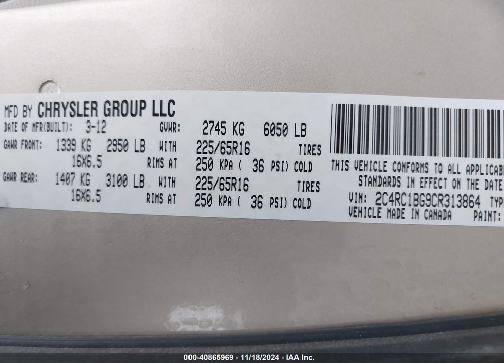 2012 CHRYSLER TOWN & COUNTRY TOURING VIN: 2C4RC1BG9CR313864