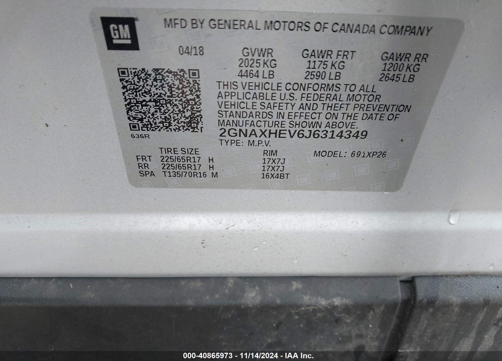 2018 CHEVROLET EQUINOX VIN: 2GNAXHEV6J6314349
