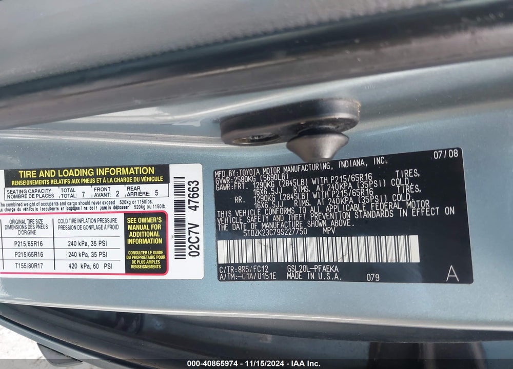2009 TOYOTA SIENNA LE VIN: 5TDZK23C79S227750