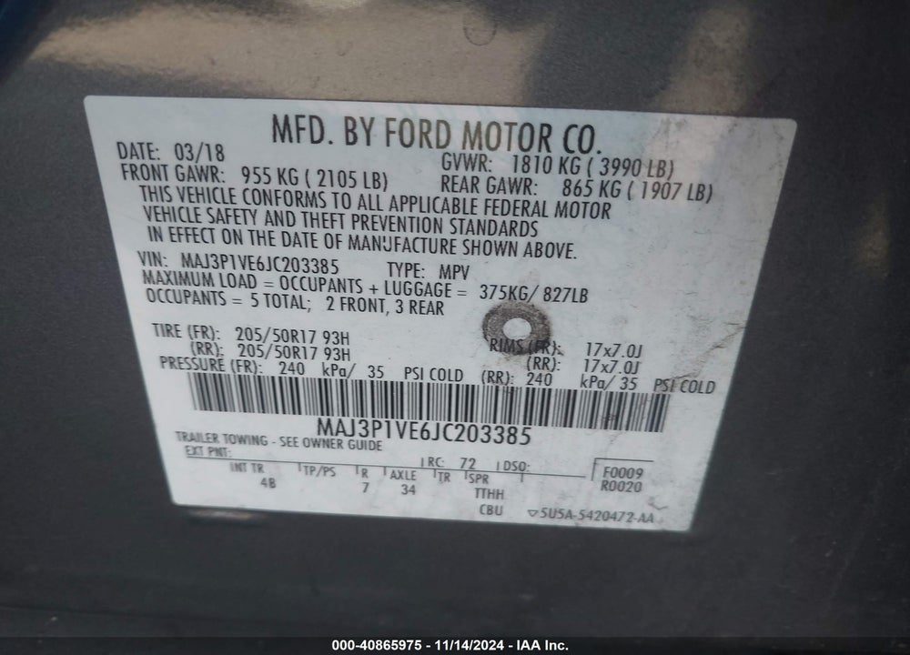 2018 FORD ECOSPORT TITANIUM VIN: MAJ3P1VE6JC203385