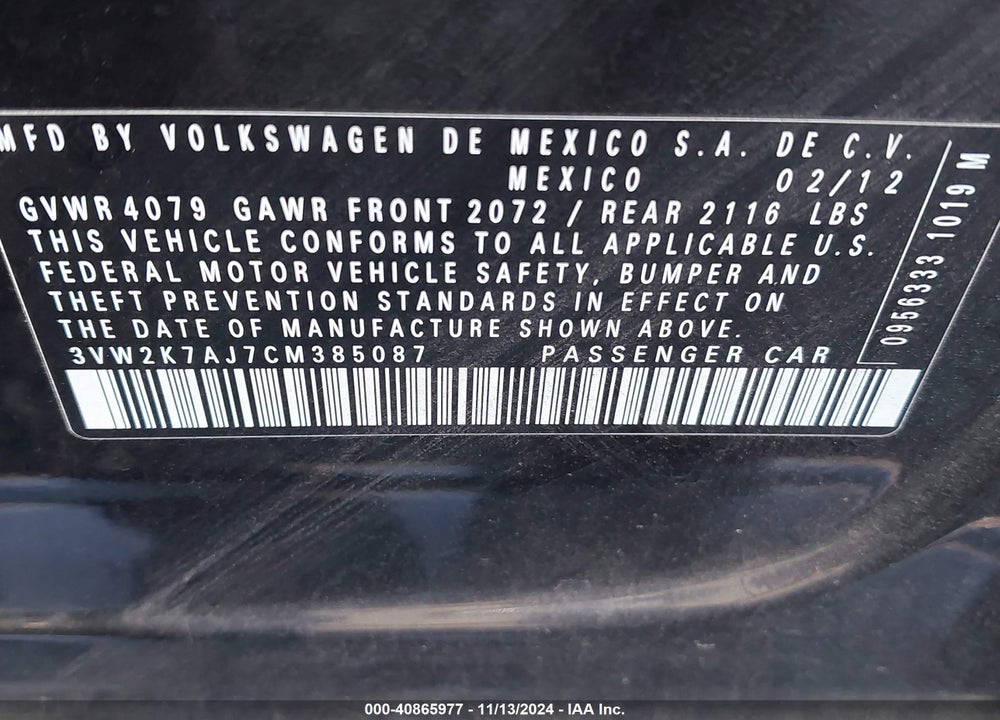 2012 VOLKSWAGEN JETTA 2.0L S VIN: 3VW2K7AJ7CM385087