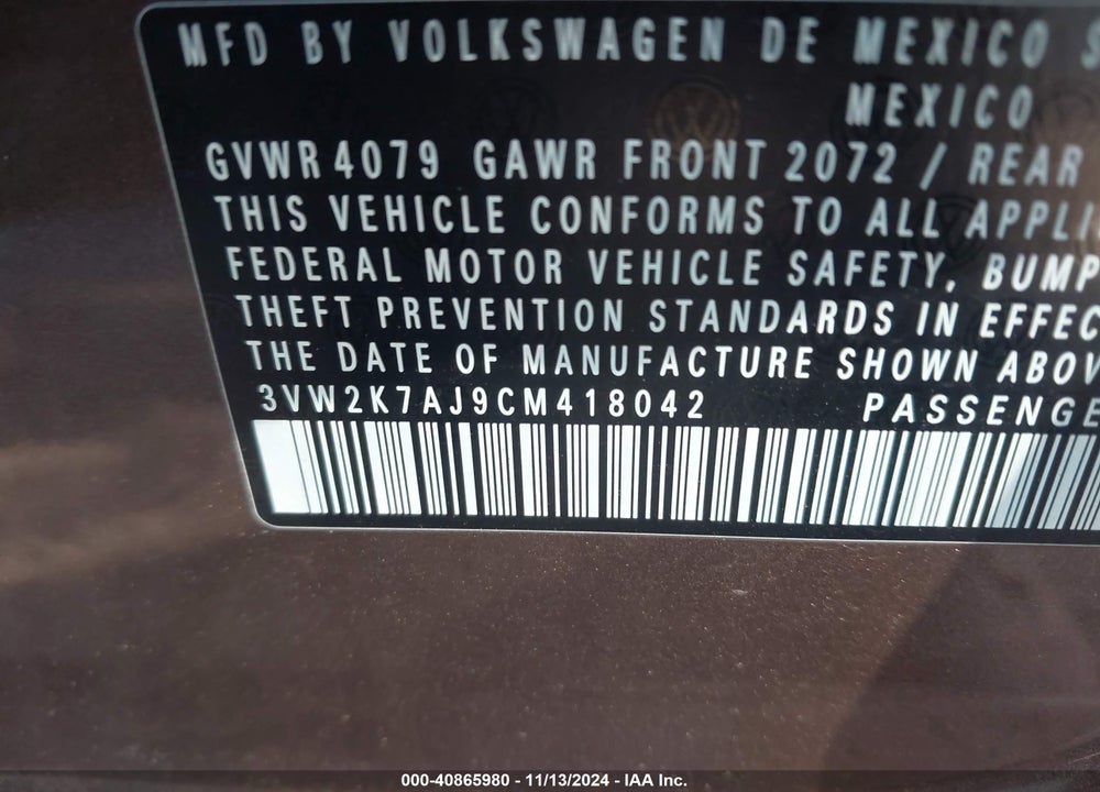 2012 VOLKSWAGEN JETTA 2.0L S VIN: 3VW2K7AJ9CM418042