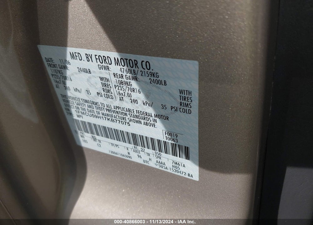 2007 FORD ESCAPE HYBRID VIN: 1FMCU59H17KB77075
