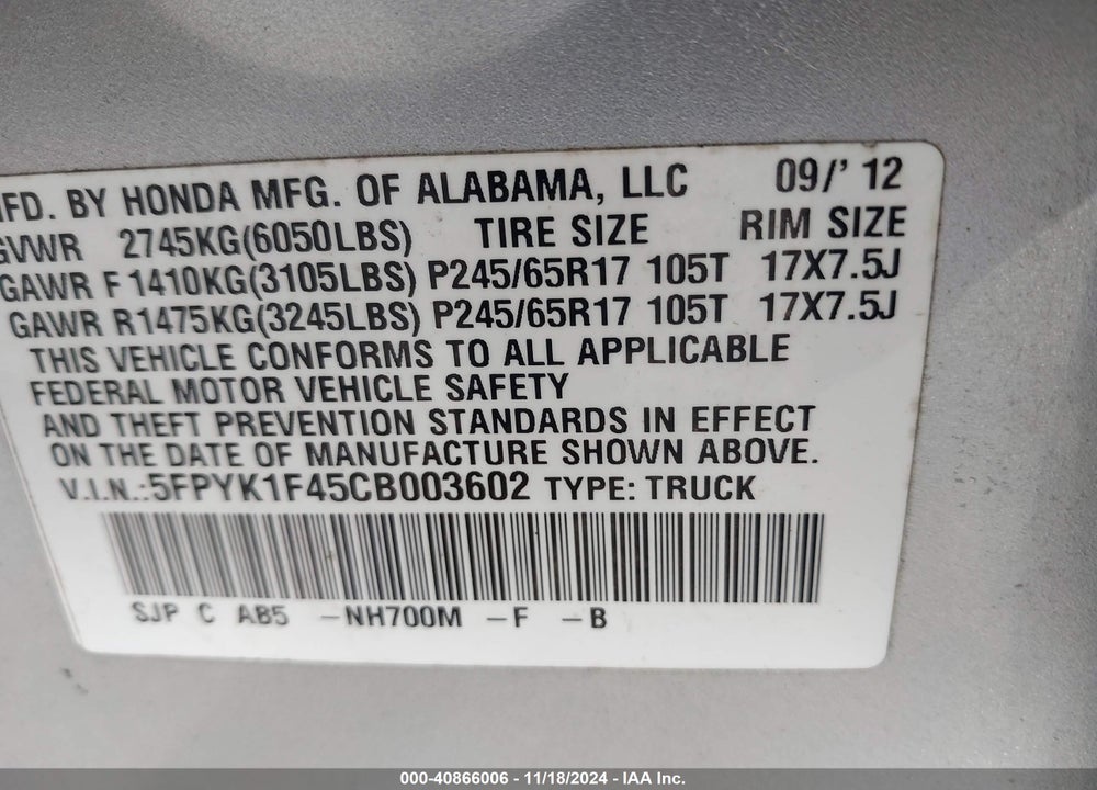 2012 HONDA RIDGELINE RTS VIN: 5FPYK1F45CB003602