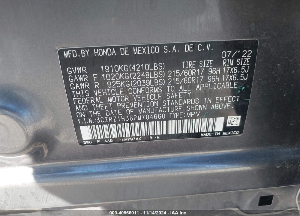 2023 HONDA HR-V 2WD LX VIN: 3CZRZ1H36PM704660