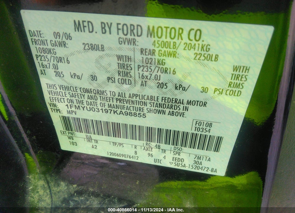 2007 FORD ESCAPE XLT/XLT SPORT VIN: 1FMYU03197KA98855