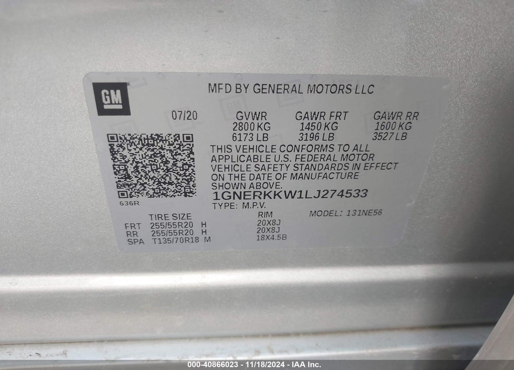 2020 CHEVROLET TRAVERSE FWD PREMIER VIN: 1GNERKKW1LJ274533