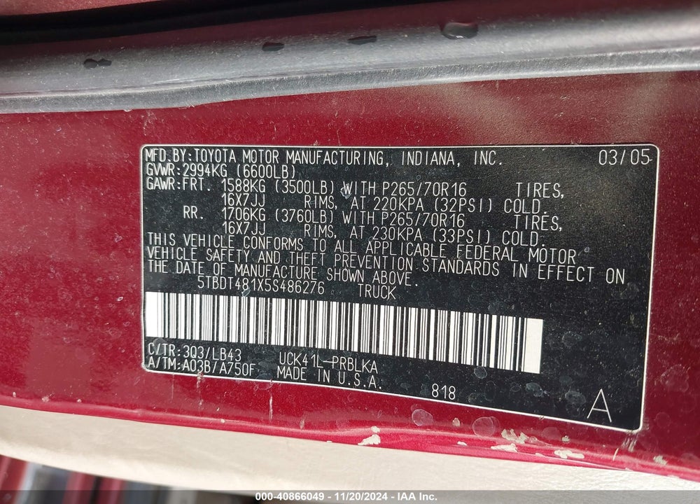 2005 TOYOTA TUNDRA LIMITED V8 VIN: 5TBDT481X5S486276