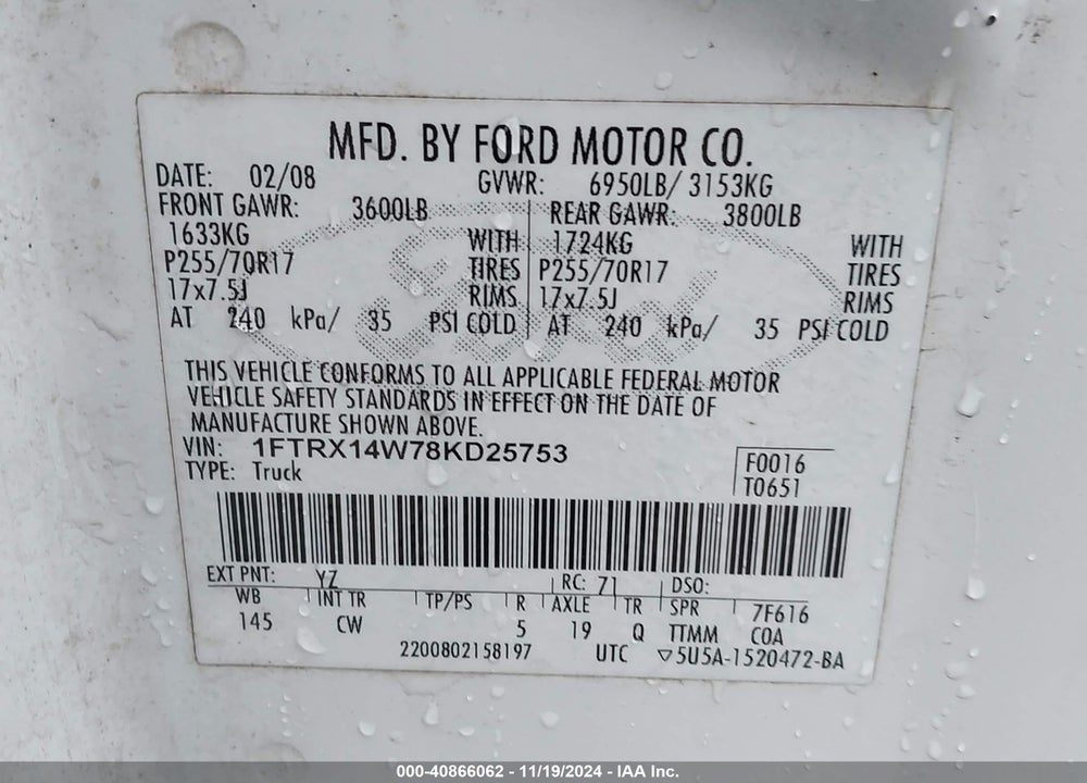 2008 FORD F-150 STX/XL/XLT VIN: 1FTRX14W78KD25753