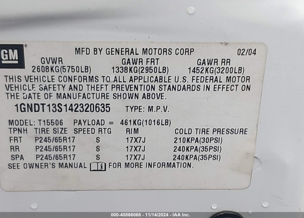 2004 CHEVROLET TRAILBLAZER LT VIN: 1GNDT13S142320635
