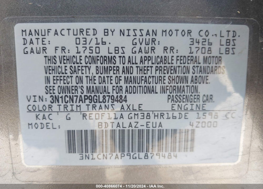 2016 NISSAN VERSA 1.6 S+ VIN: 3N1CN7AP9GL879484