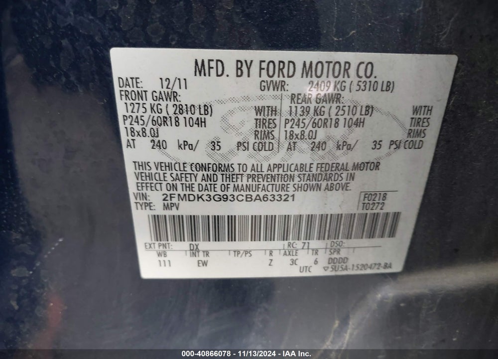 2012 FORD EDGE SE VIN: 2FMDK3G93CBA63321