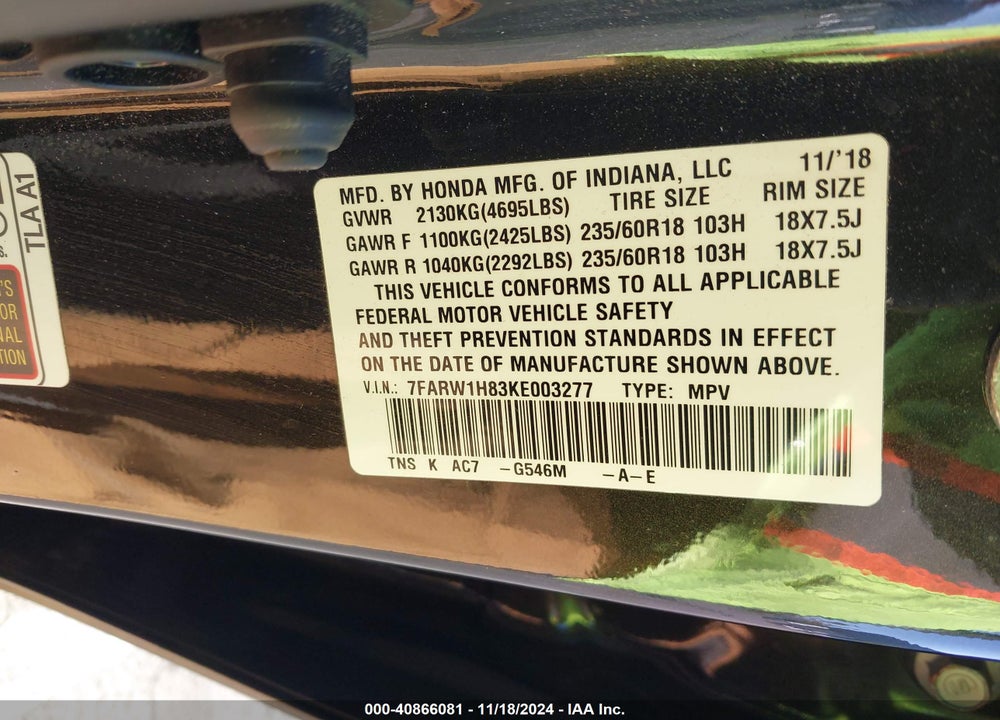 2019 HONDA CR-V EX-L VIN: 7FARW1H83KE003277