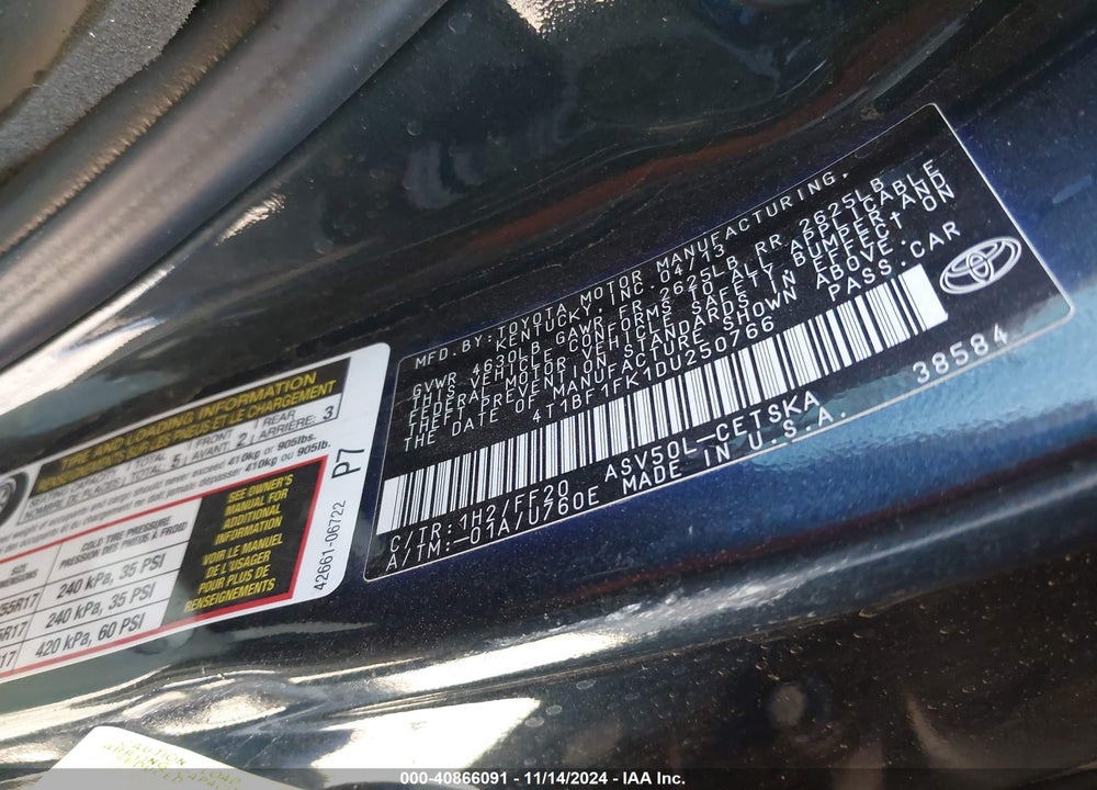 2013 TOYOTA CAMRY SE VIN: 4T1BF1FK1DU250766